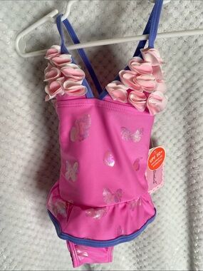Floatimini Pink Butterfly Ruffle One Piece Swimsuit with Floral Accents